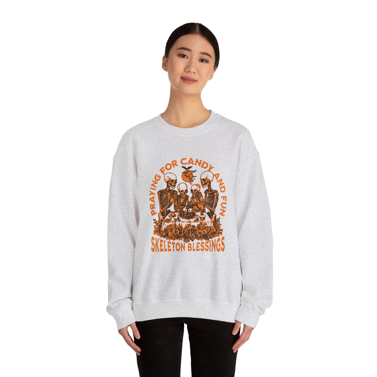 Skeleton Blessings Crewneck Sweatshirt — Praying for Candy and Fun Halloween Sweater