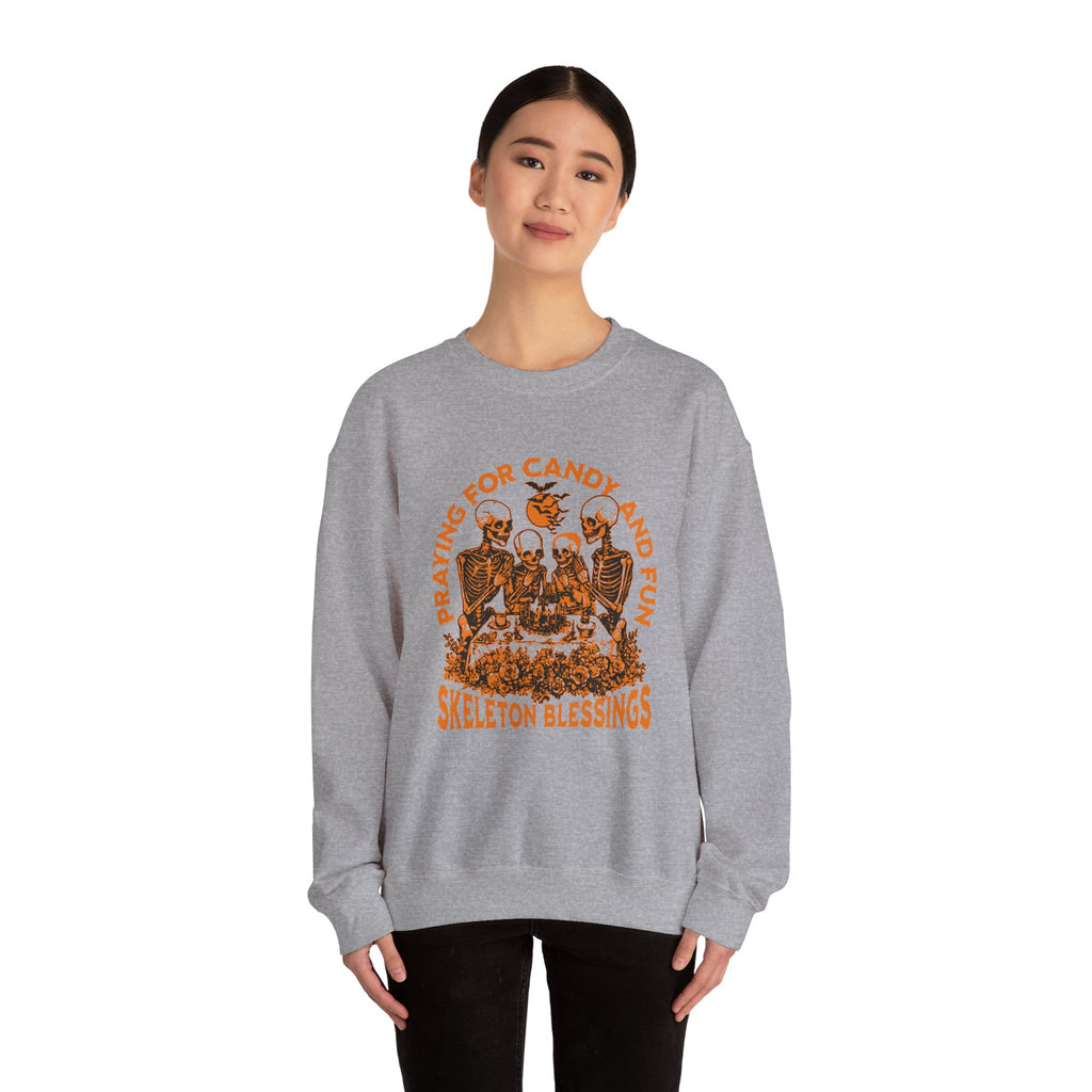 Skeleton Blessings Crewneck Sweatshirt — Praying for Candy and Fun Halloween Sweater