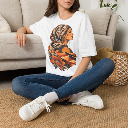Floral Headwrap Portrait T-Shirt — Boho Vintage Woman Graphic Tee