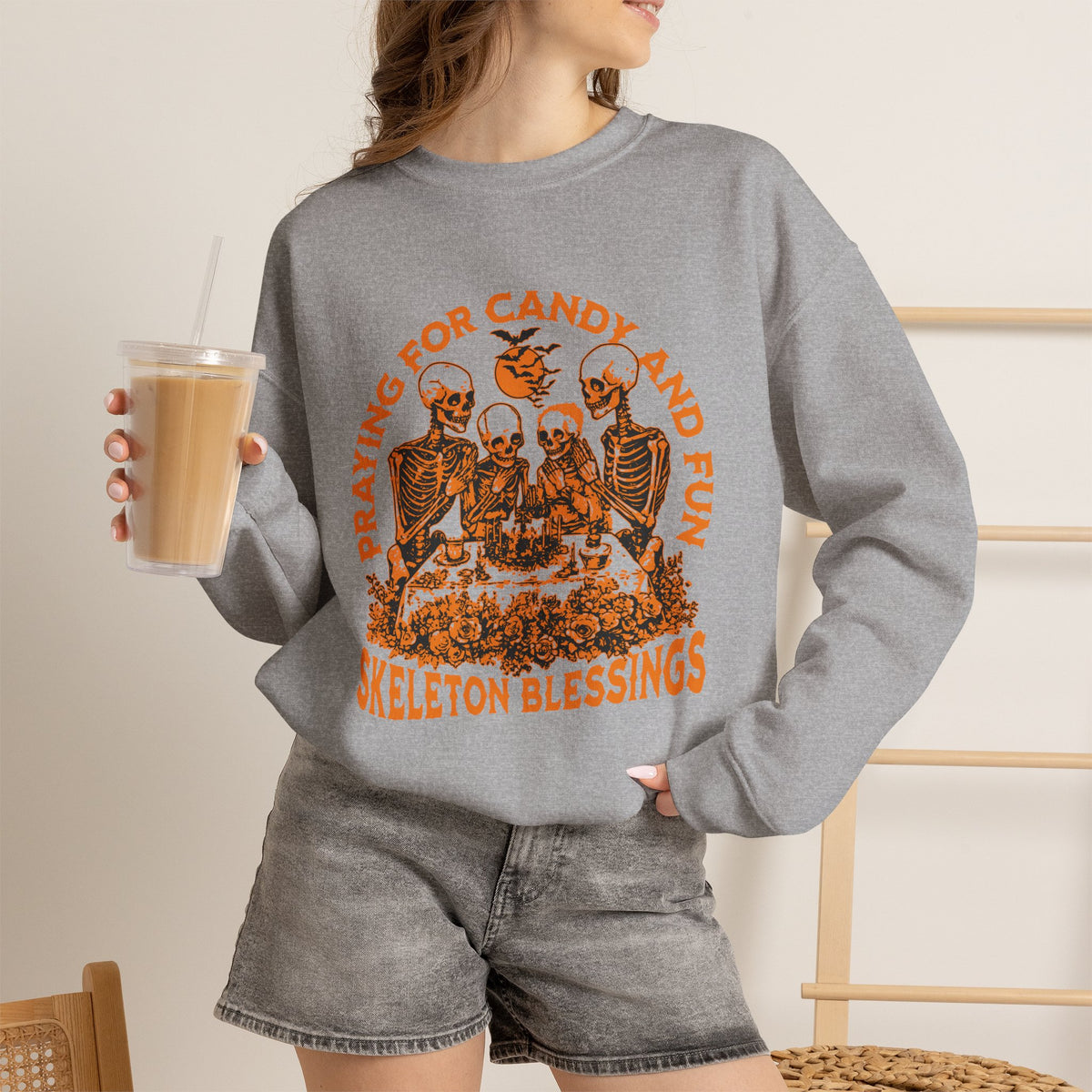 Skeleton Blessings Crewneck Sweatshirt — Praying for Candy and Fun Halloween Sweater