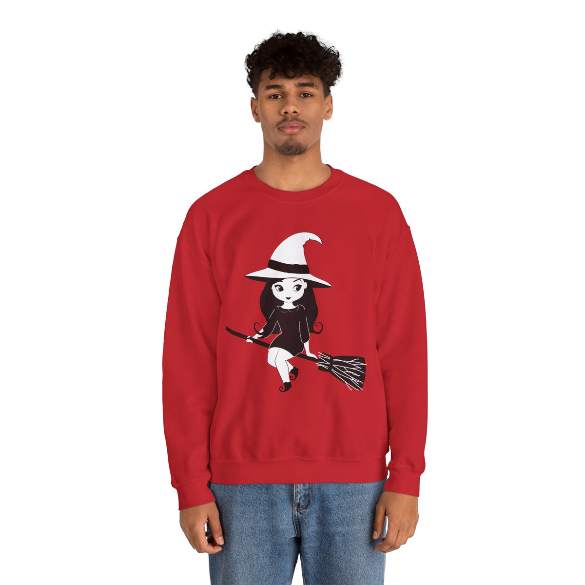 Witch on Broom Crewneck Sweatshirt — Cute Retro Halloween Witch Graphic