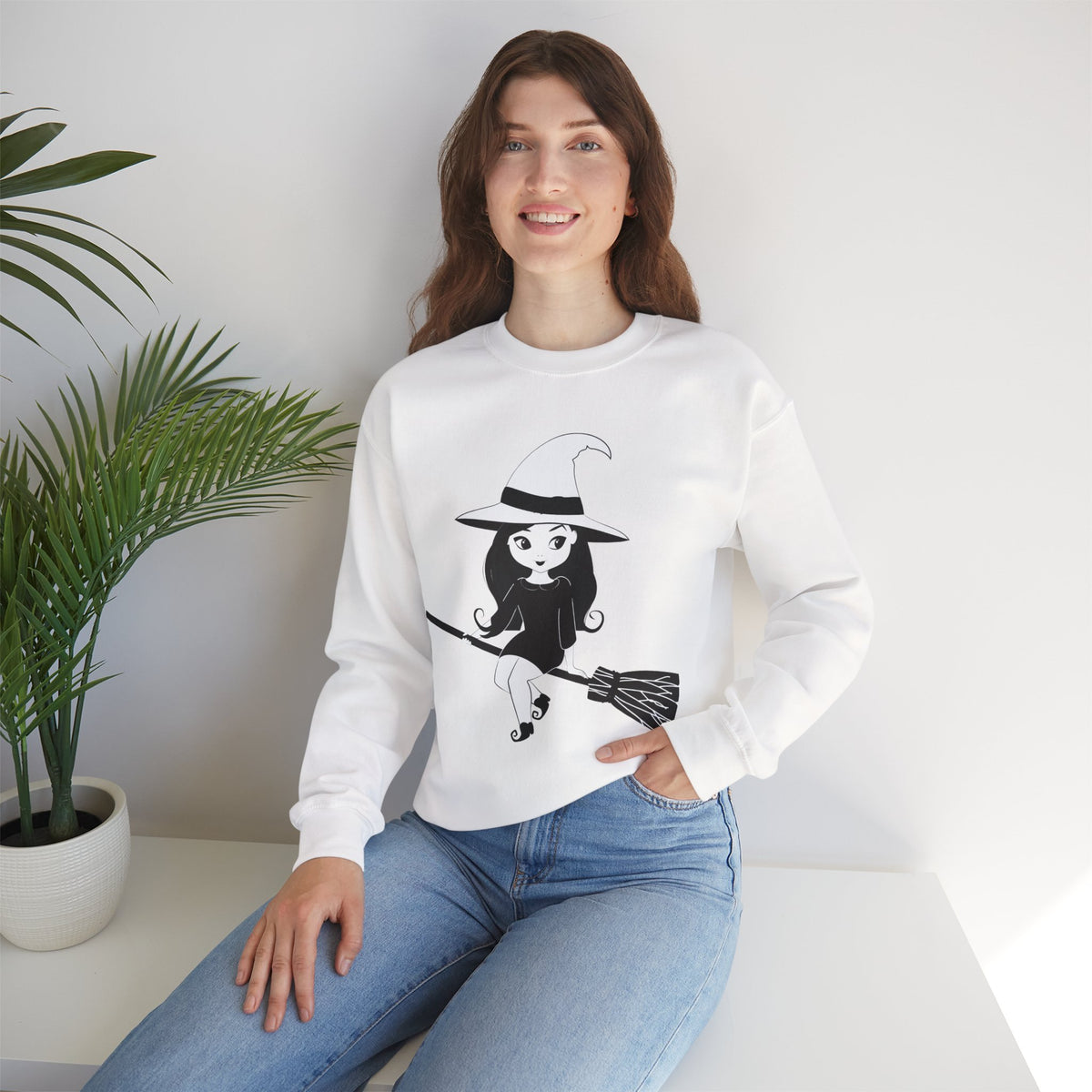Witch on Broom Crewneck Sweatshirt — Cute Retro Halloween Witch Graphic