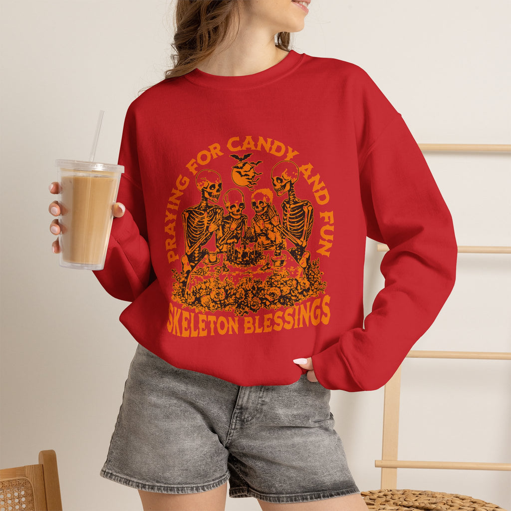 Skeleton Blessings Crewneck Sweatshirt — Praying for Candy and Fun Halloween Sweater