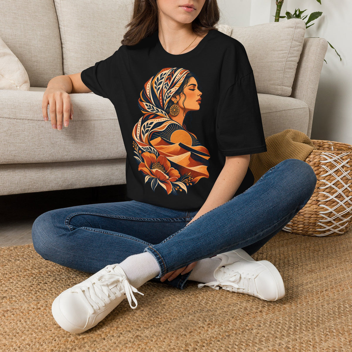 Floral Headwrap Portrait T-Shirt — Boho Vintage Woman Graphic Tee