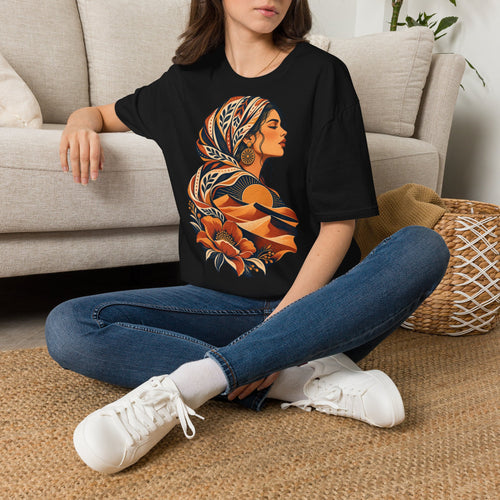 Floral Headwrap Portrait T-Shirt — Boho Vintage Woman Graphic Tee