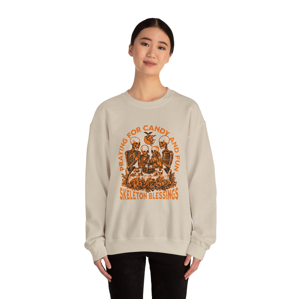 Skeleton Blessings Crewneck Sweatshirt — Praying for Candy and Fun Halloween Sweater