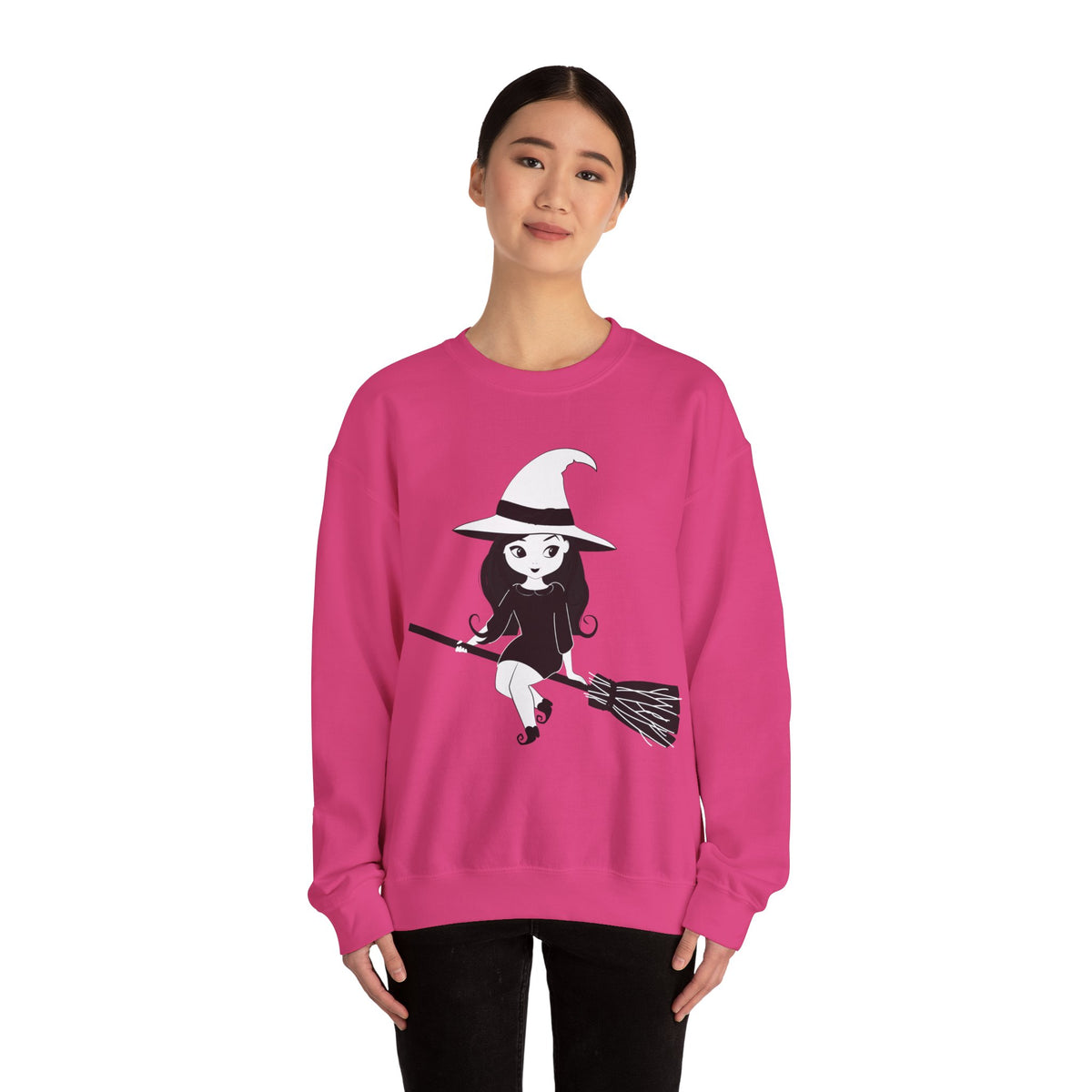 Witch on Broom Crewneck Sweatshirt — Cute Retro Halloween Witch Graphic