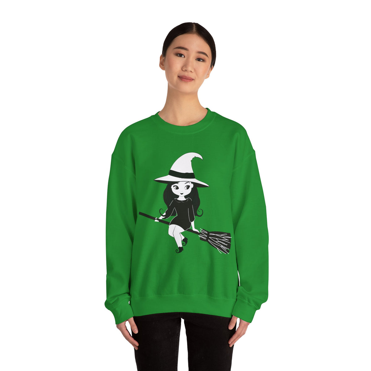 Witch on Broom Crewneck Sweatshirt — Cute Retro Halloween Witch Graphic