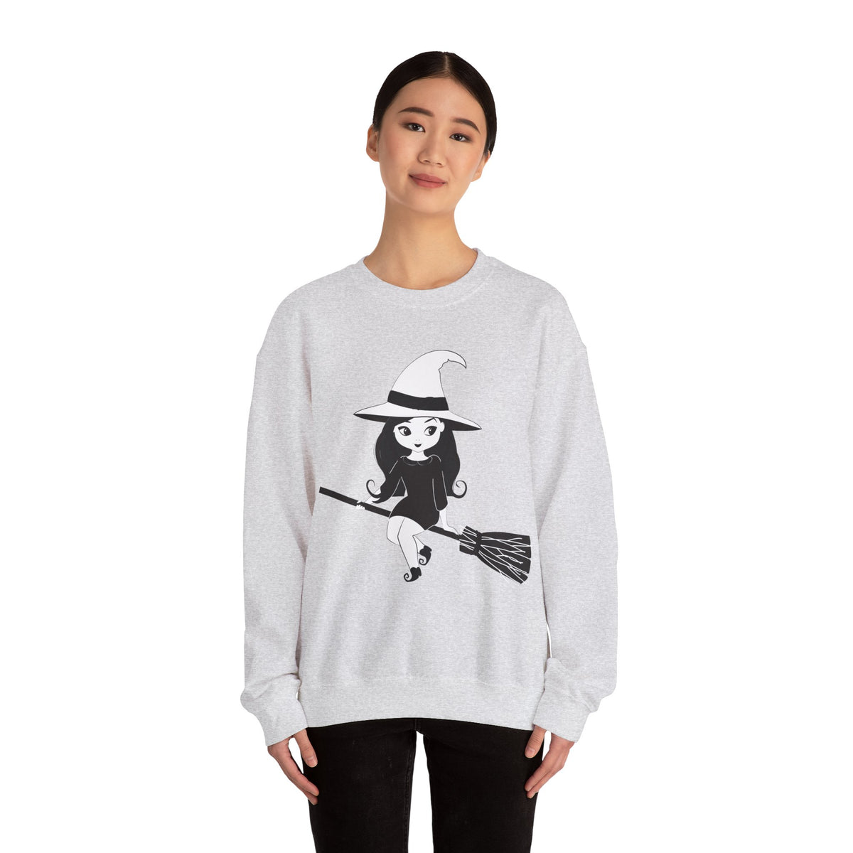 Witch on Broom Crewneck Sweatshirt — Cute Retro Halloween Witch Graphic
