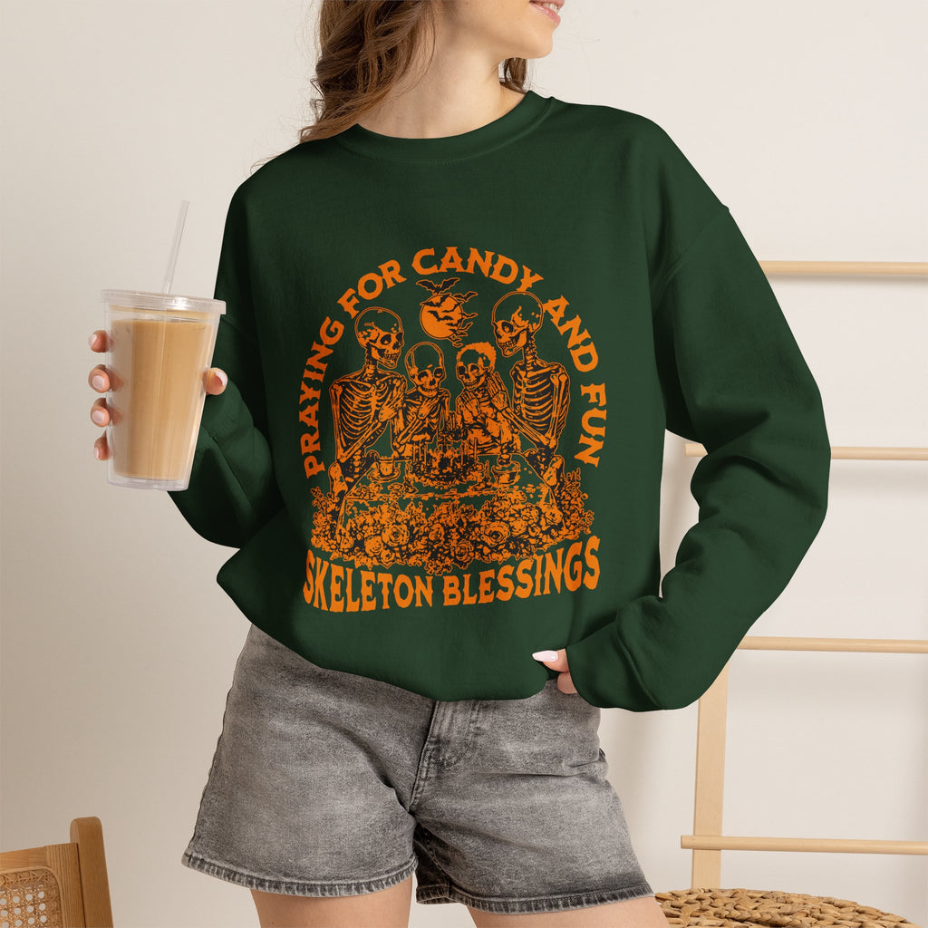 Skeleton Blessings Crewneck Sweatshirt — Praying for Candy and Fun Halloween Sweater