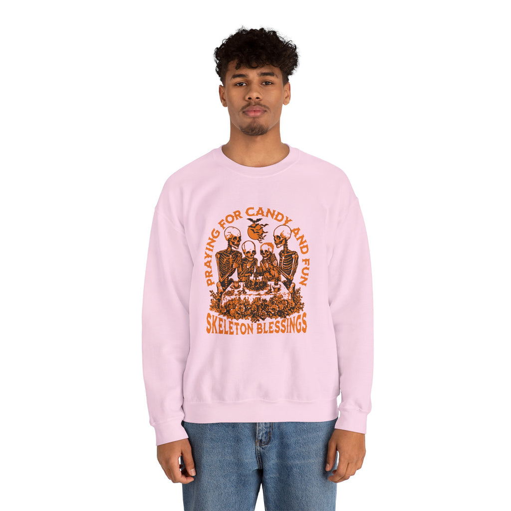 Skeleton Blessings Crewneck Sweatshirt — Praying for Candy and Fun Halloween Sweater