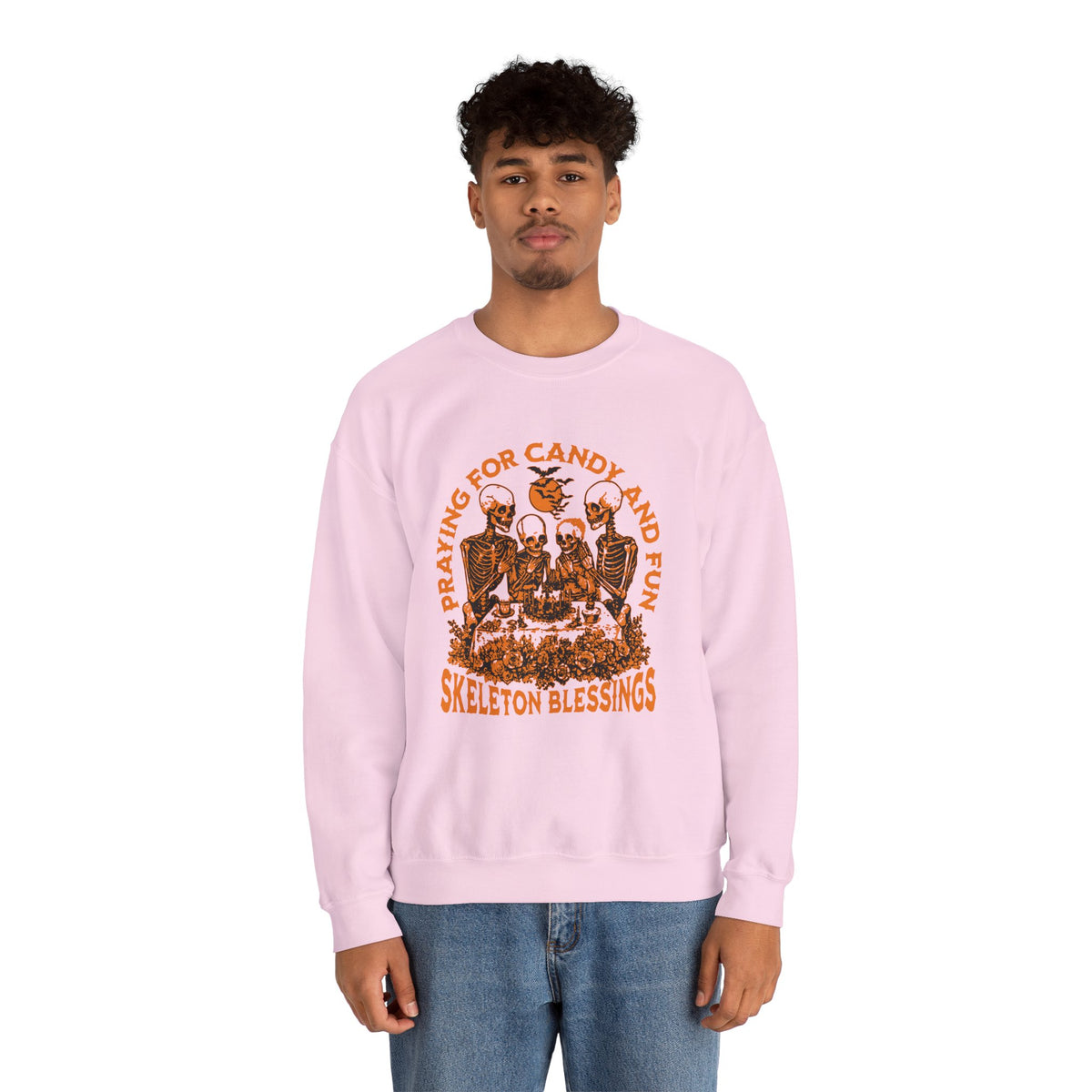 Skeleton Blessings Crewneck Sweatshirt — Praying for Candy and Fun Halloween Sweater