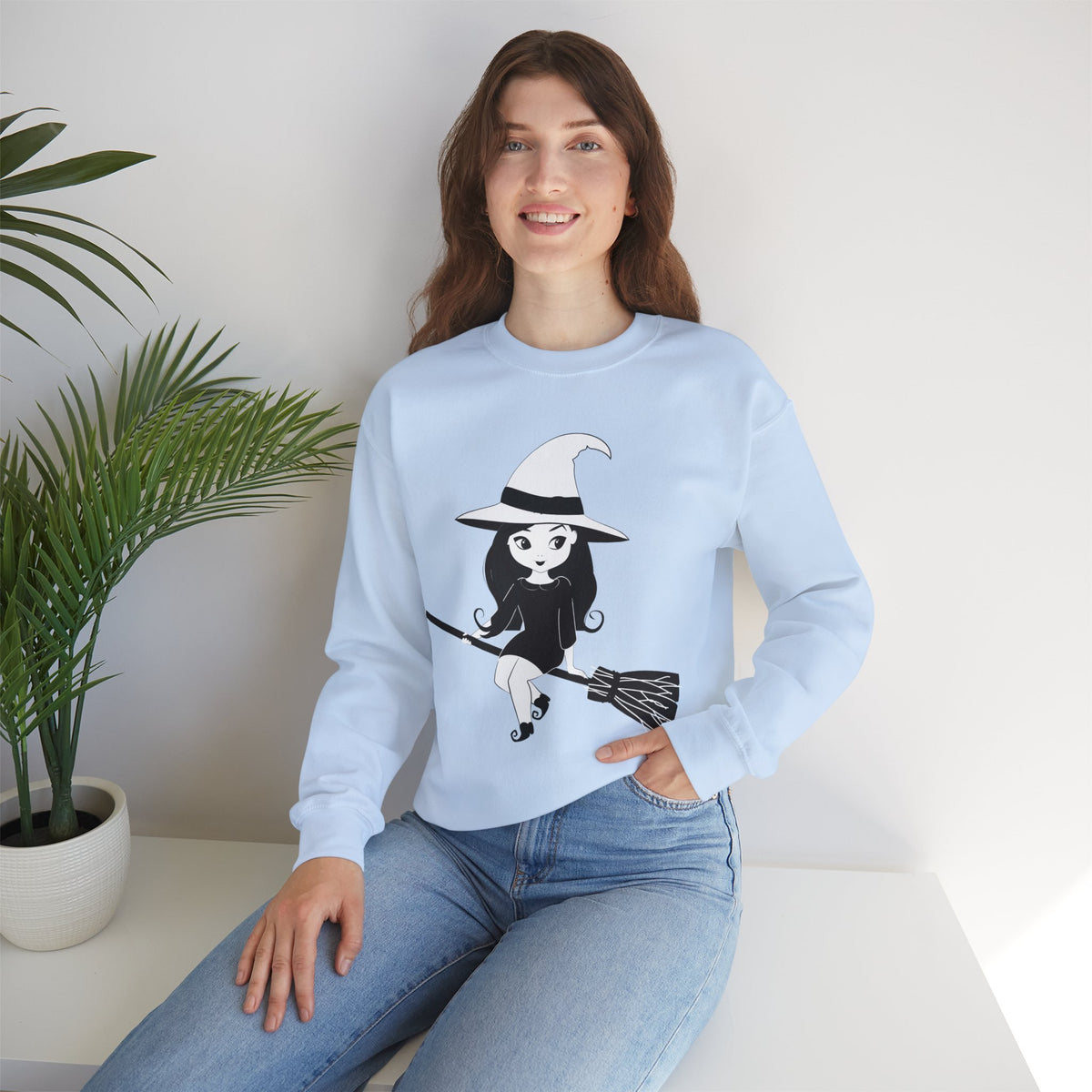 Witch on Broom Crewneck Sweatshirt — Cute Retro Halloween Witch Graphic