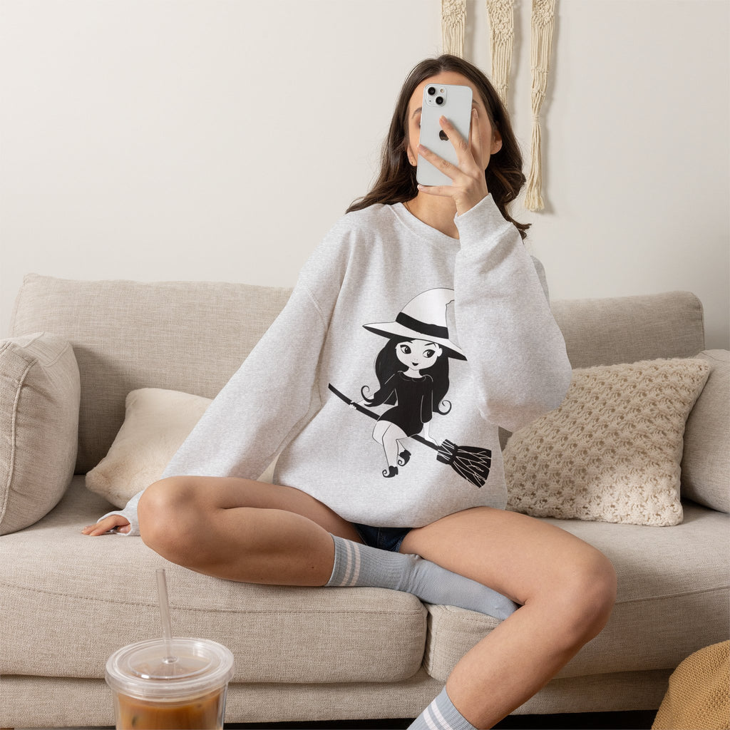 Witch on Broom Crewneck Sweatshirt — Cute Retro Halloween Witch Graphic