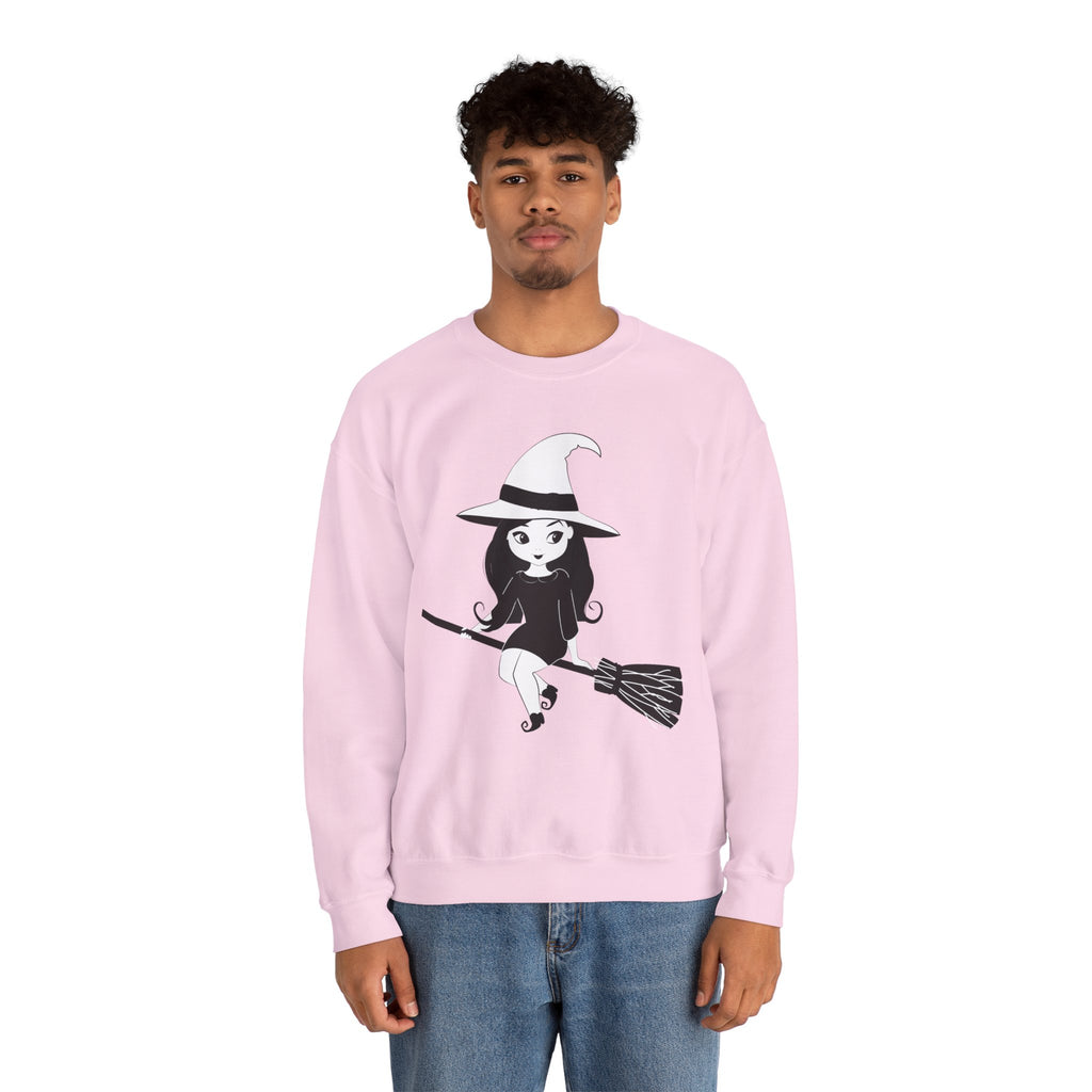 Witch on Broom Crewneck Sweatshirt — Cute Retro Halloween Witch Graphic