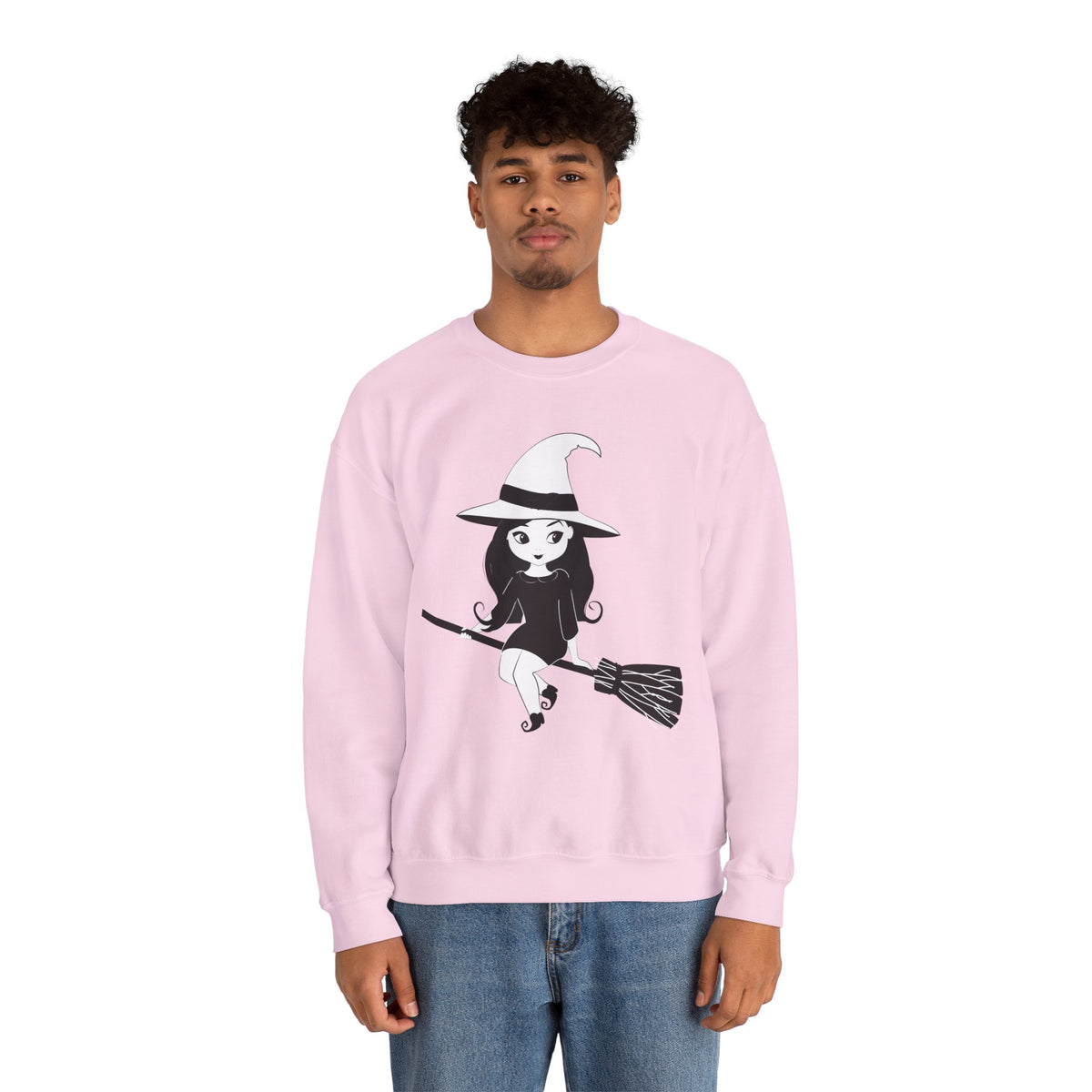 Witch on Broom Crewneck Sweatshirt — Cute Retro Halloween Witch Graphic