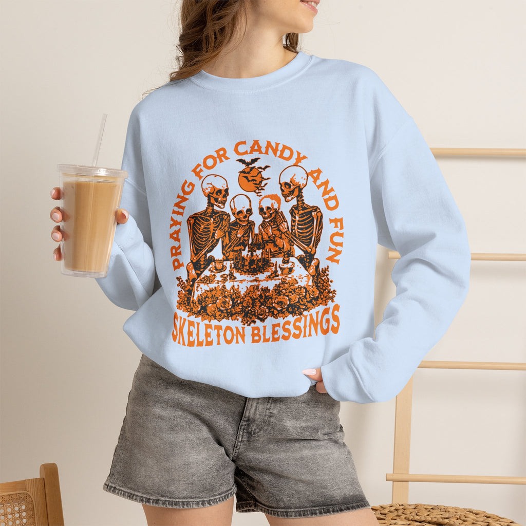 Skeleton Blessings Crewneck Sweatshirt — Praying for Candy and Fun Halloween Sweater