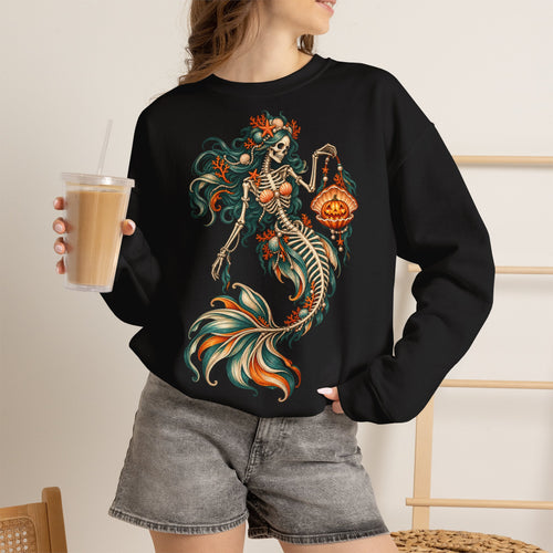 Skeleton Mermaid Crewneck Sweatshirt — Gothic Halloween Mermaid Pullover