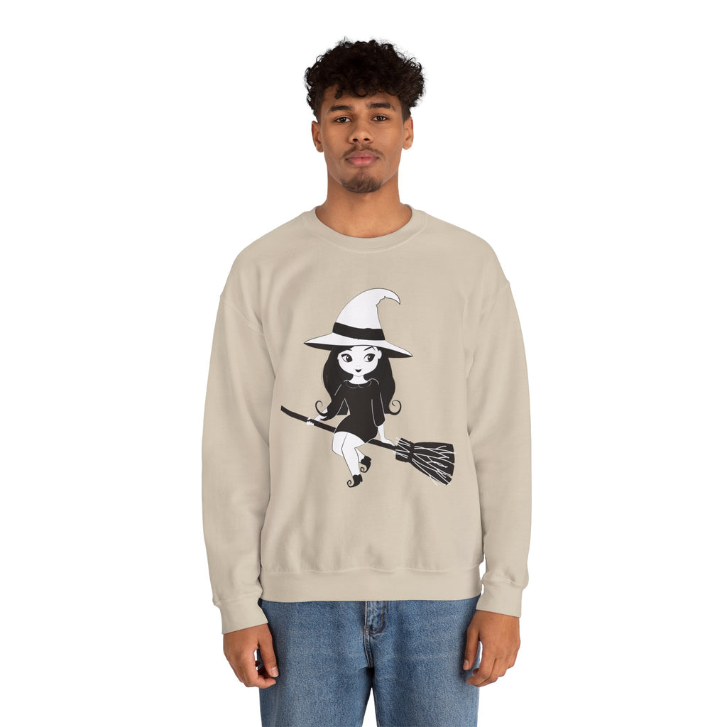 Witch on Broom Crewneck Sweatshirt — Cute Retro Halloween Witch Graphic