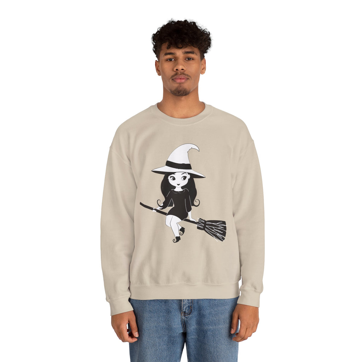 Witch on Broom Crewneck Sweatshirt — Cute Retro Halloween Witch Graphic