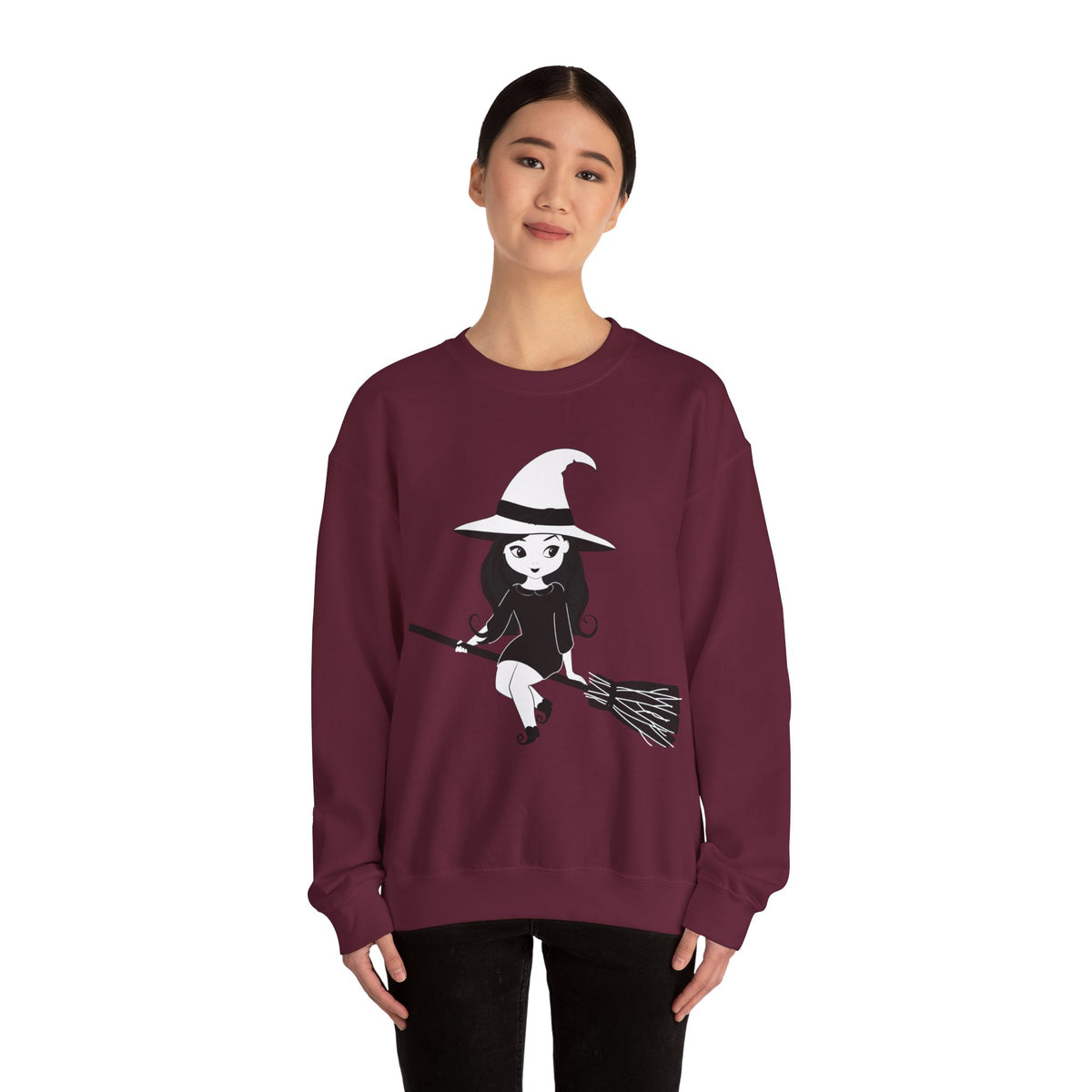 Witch on Broom Crewneck Sweatshirt — Cute Retro Halloween Witch Graphic