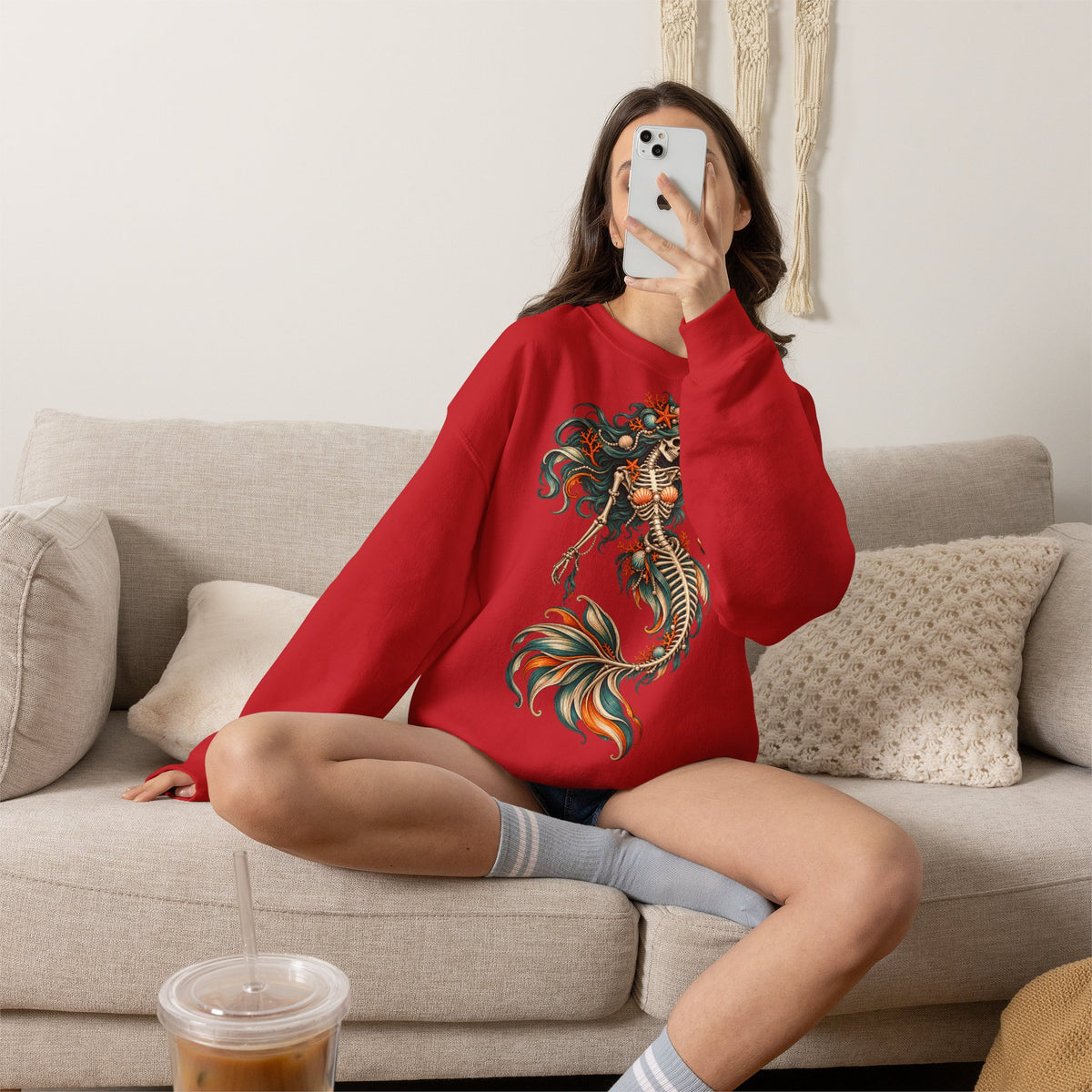 Skeleton Mermaid Crewneck Sweatshirt — Gothic Halloween Mermaid Pullover