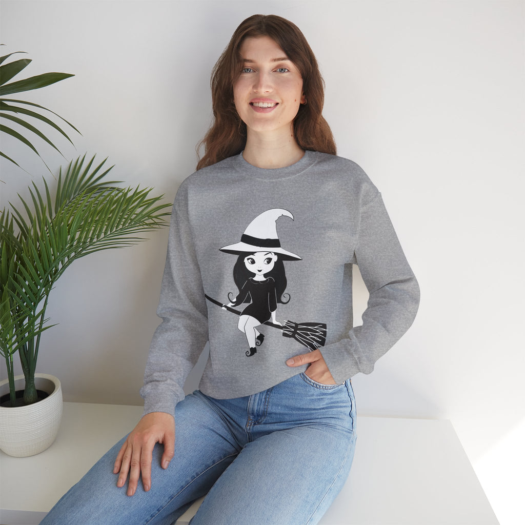 Witch on Broom Crewneck Sweatshirt — Cute Retro Halloween Witch Graphic