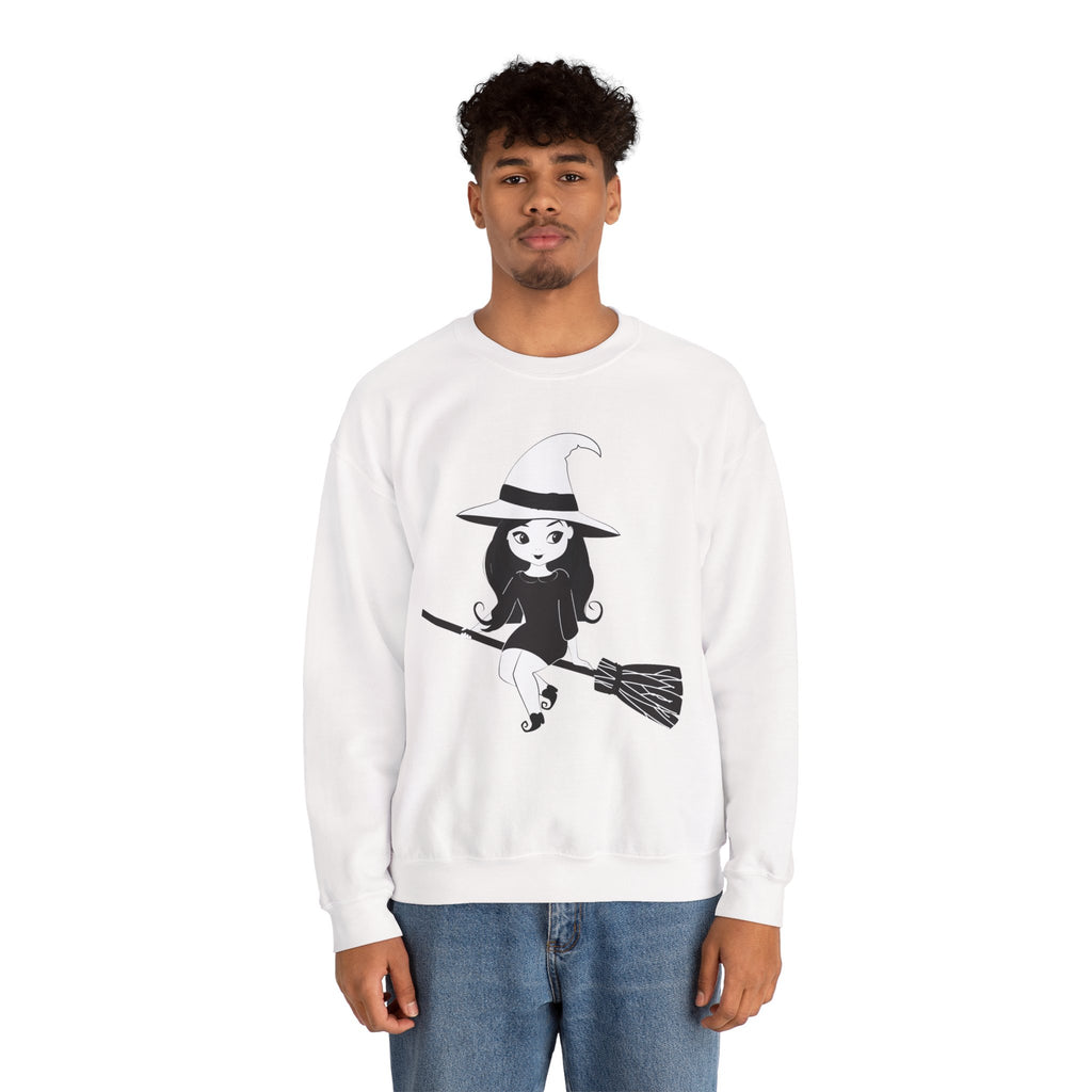 Witch on Broom Crewneck Sweatshirt — Cute Retro Halloween Witch Graphic
