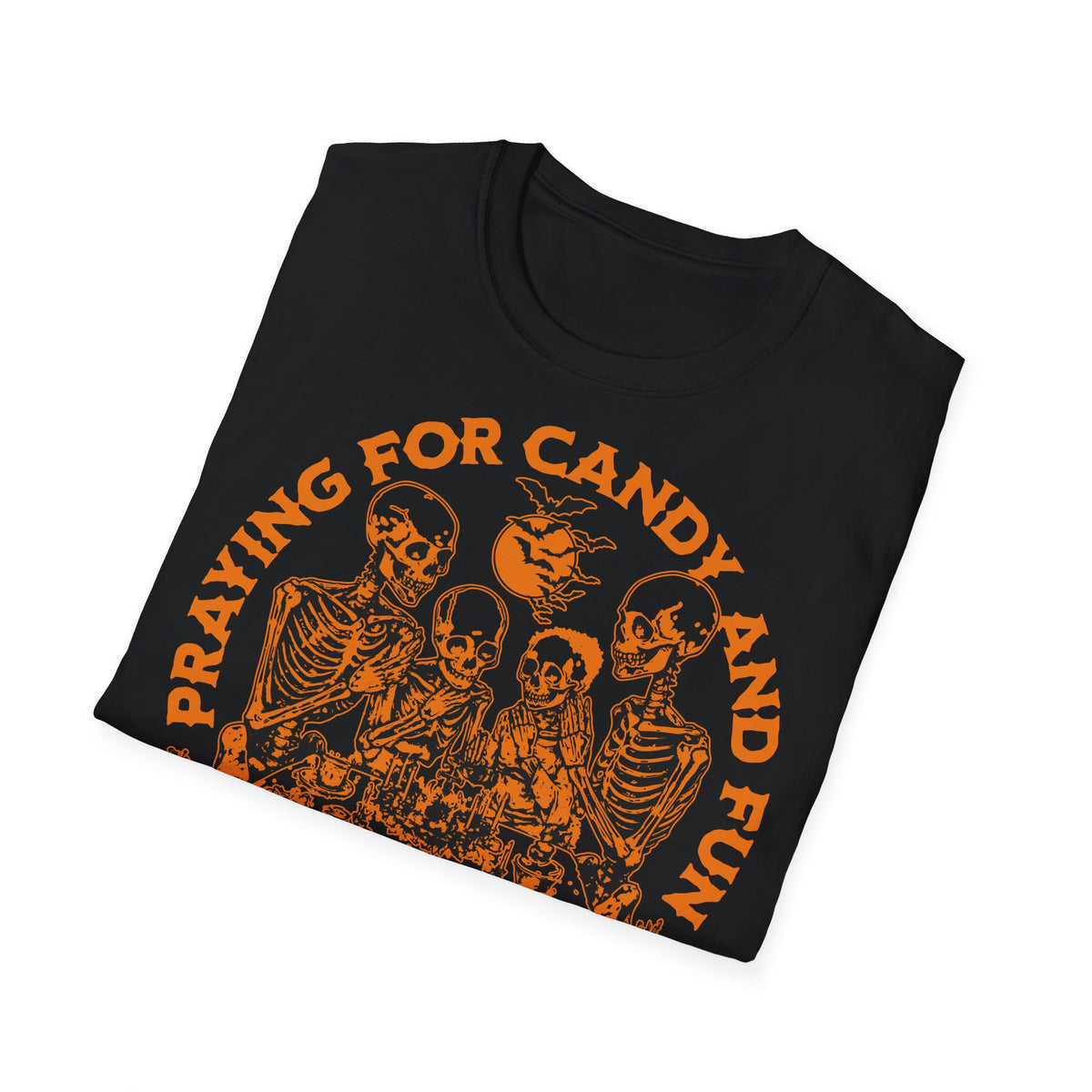 Skeleton Blessings Halloween T-Shirt — "Praying for Candy and Fun" Graphic Tee