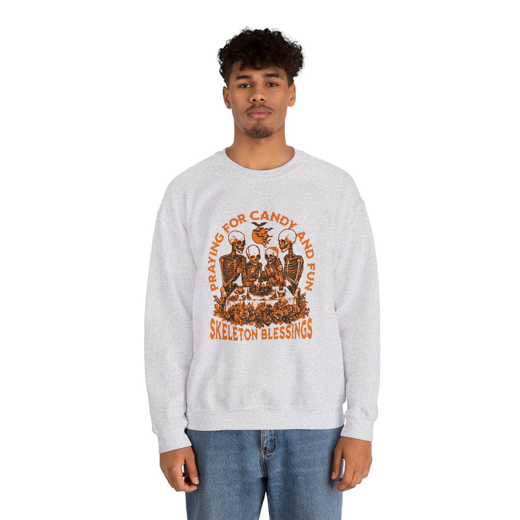 Skeleton Blessings Crewneck Sweatshirt — Praying for Candy and Fun Halloween Sweater