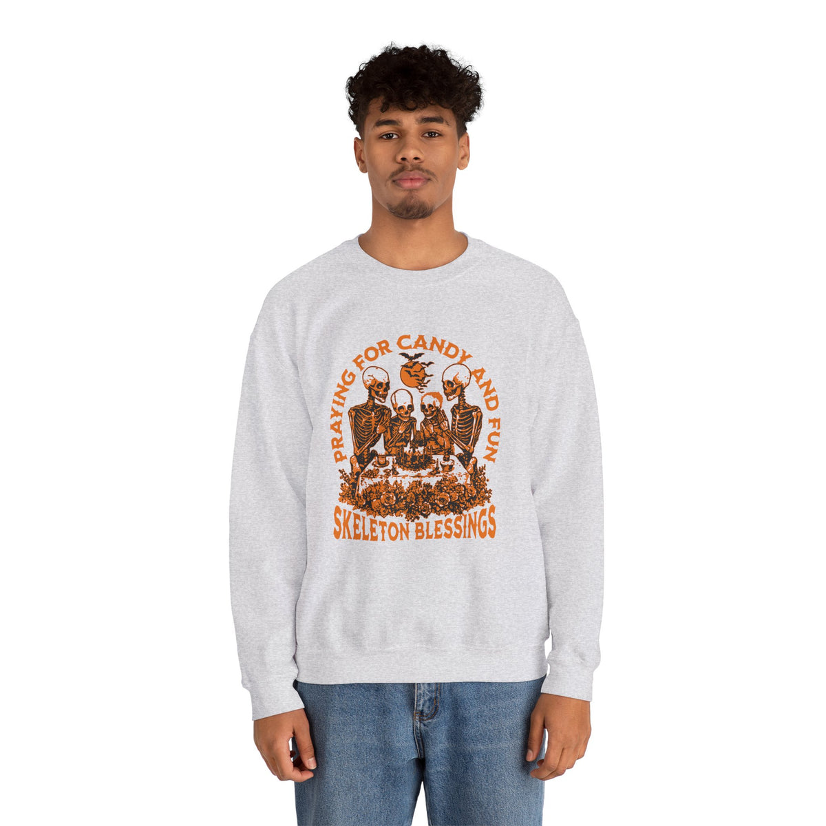 Skeleton Blessings Crewneck Sweatshirt — Praying for Candy and Fun Halloween Sweater