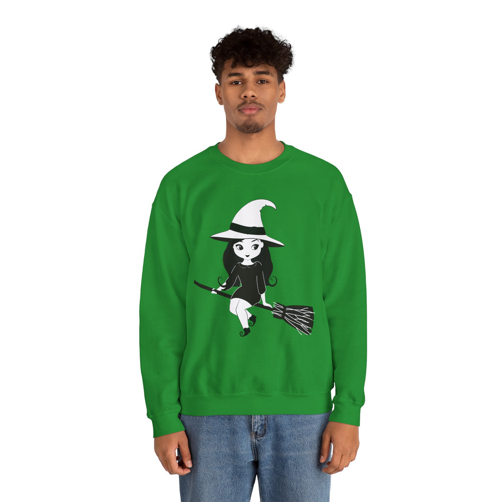 Witch on Broom Crewneck Sweatshirt — Cute Retro Halloween Witch Graphic