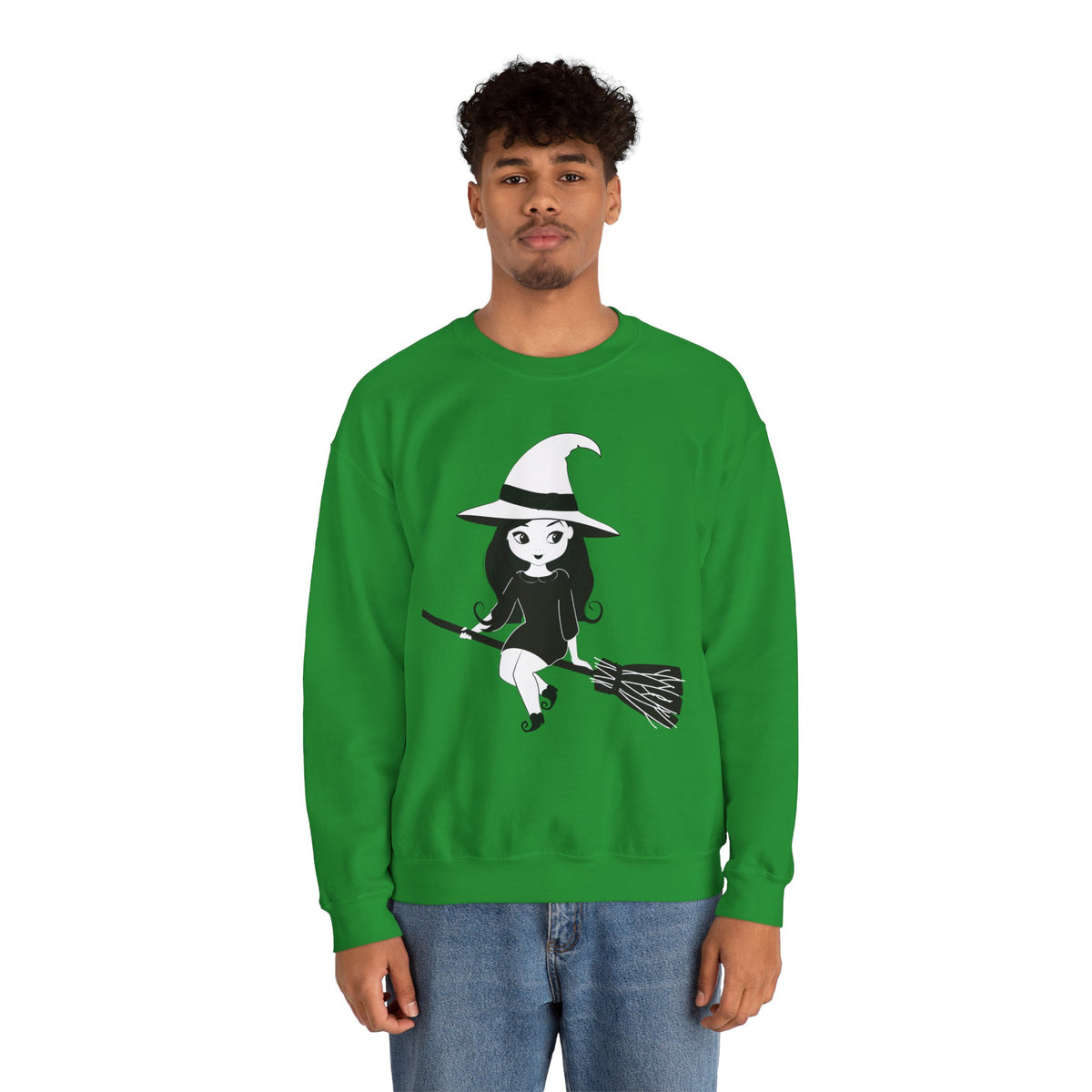 Witch on Broom Crewneck Sweatshirt — Cute Retro Halloween Witch Graphic
