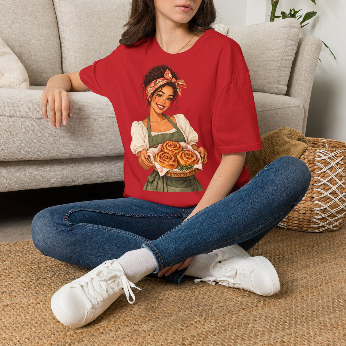 T-Shirt — Baker Girl Holding Fresh Buns Vintage Illustration
