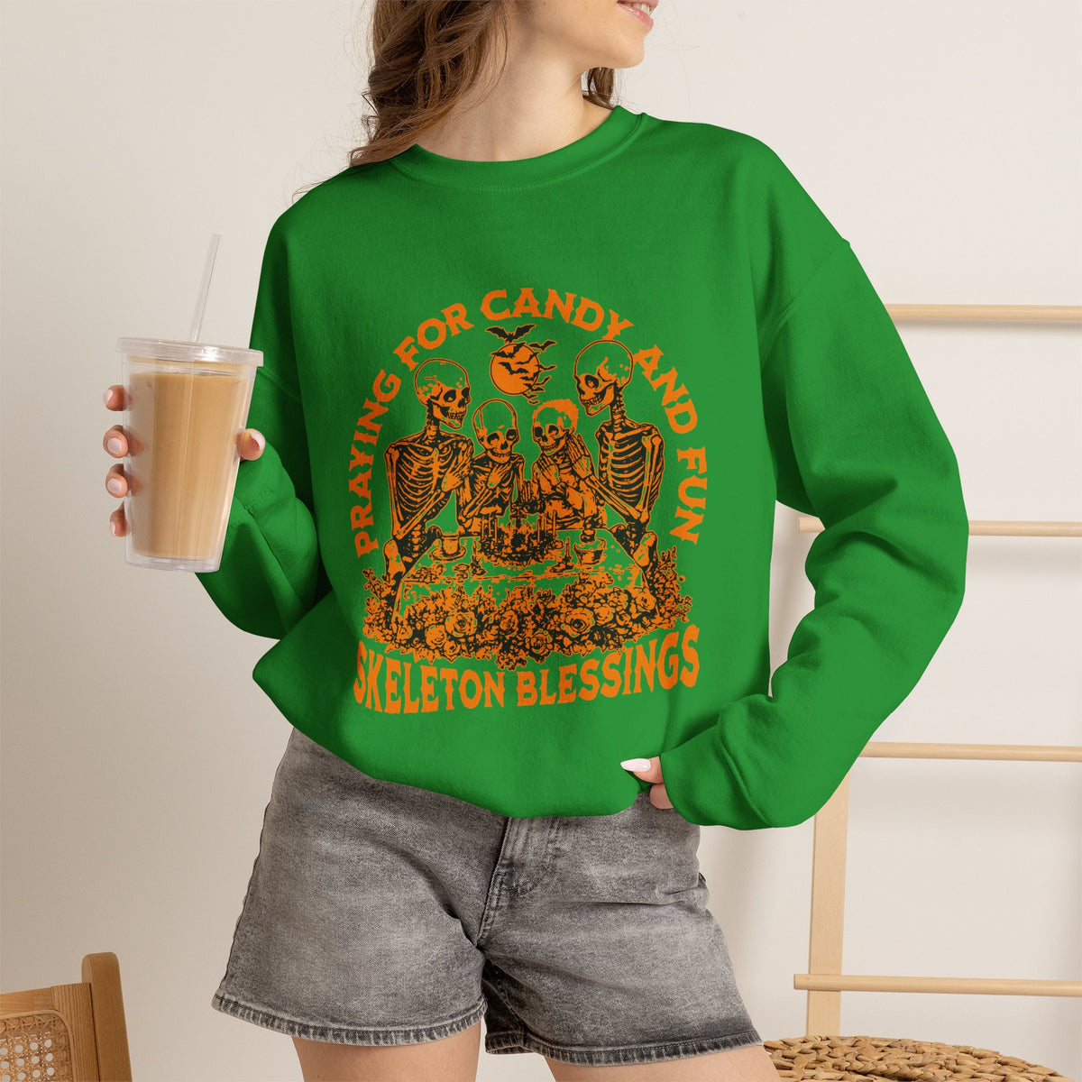 Skeleton Blessings Crewneck Sweatshirt — Praying for Candy and Fun Halloween Sweater