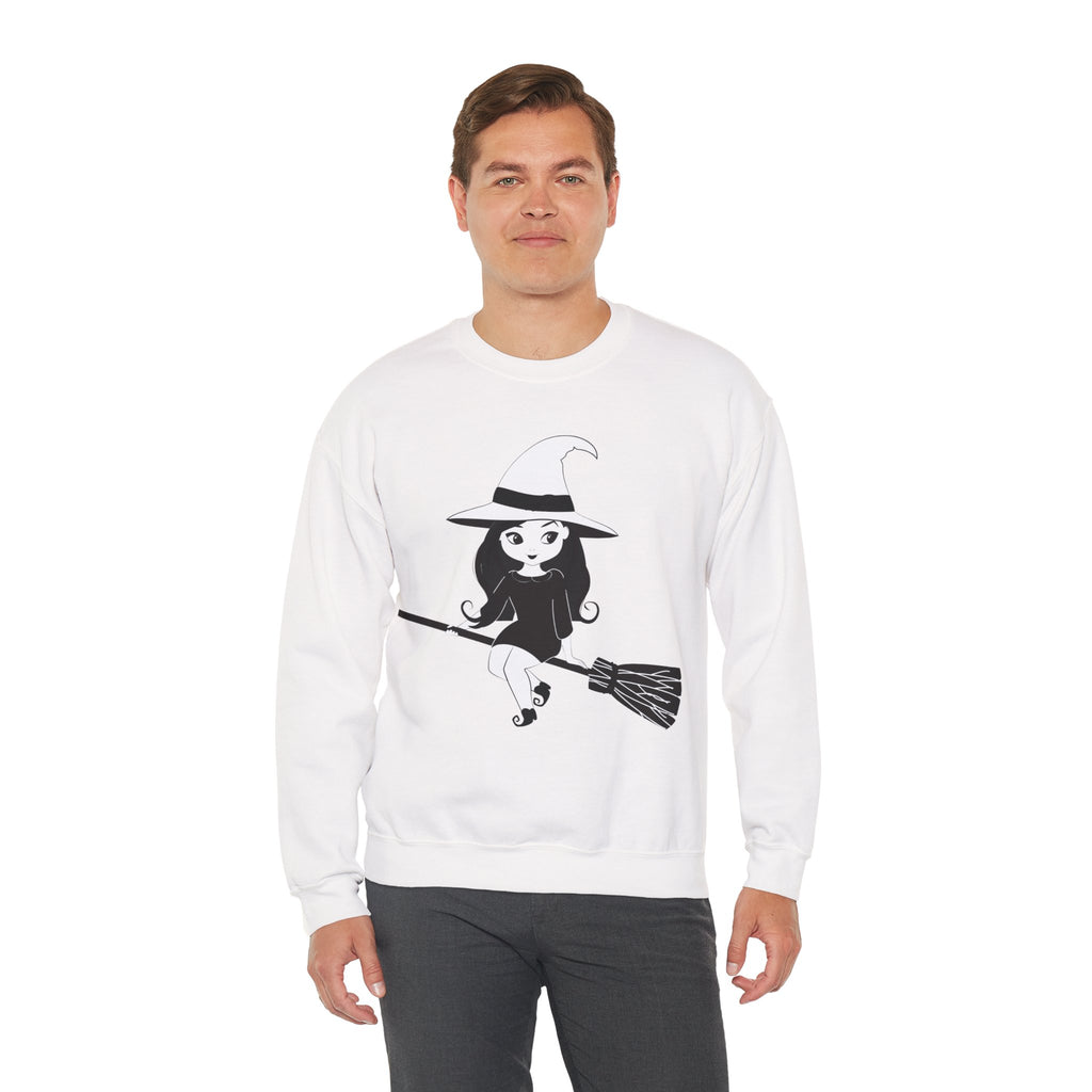 Witch on Broom Crewneck Sweatshirt — Cute Retro Halloween Witch Graphic