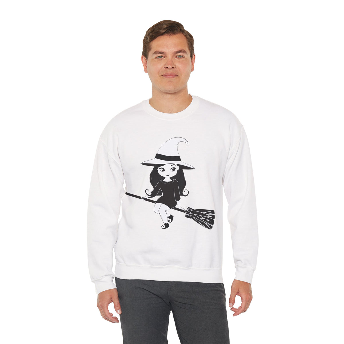 Witch on Broom Crewneck Sweatshirt — Cute Retro Halloween Witch Graphic