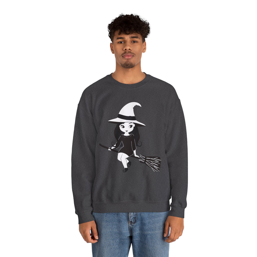 Witch on Broom Crewneck Sweatshirt — Cute Retro Halloween Witch Graphic