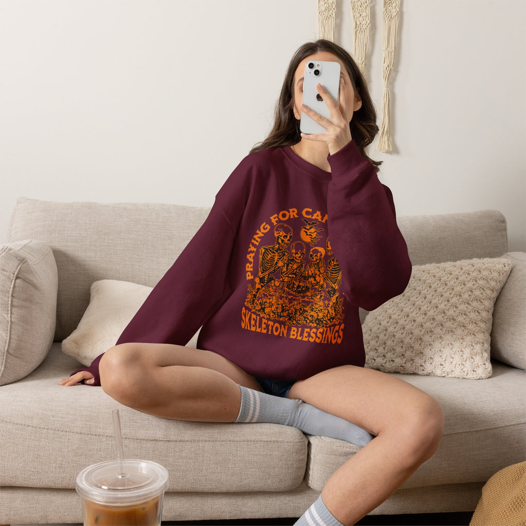 Skeleton Blessings Crewneck Sweatshirt — Praying for Candy and Fun Halloween Sweater