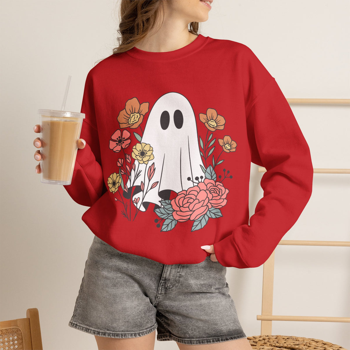 Cute Floral Ghost Sweatshirt – Halloween Crewneck Pullover