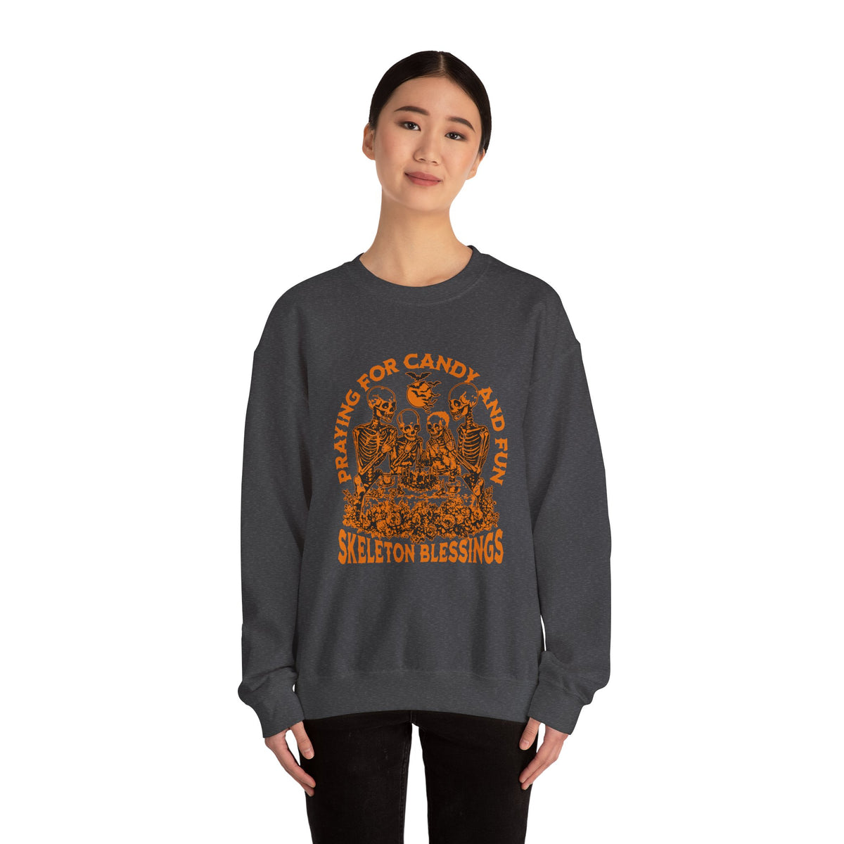 Skeleton Blessings Crewneck Sweatshirt — Praying for Candy and Fun Halloween Sweater