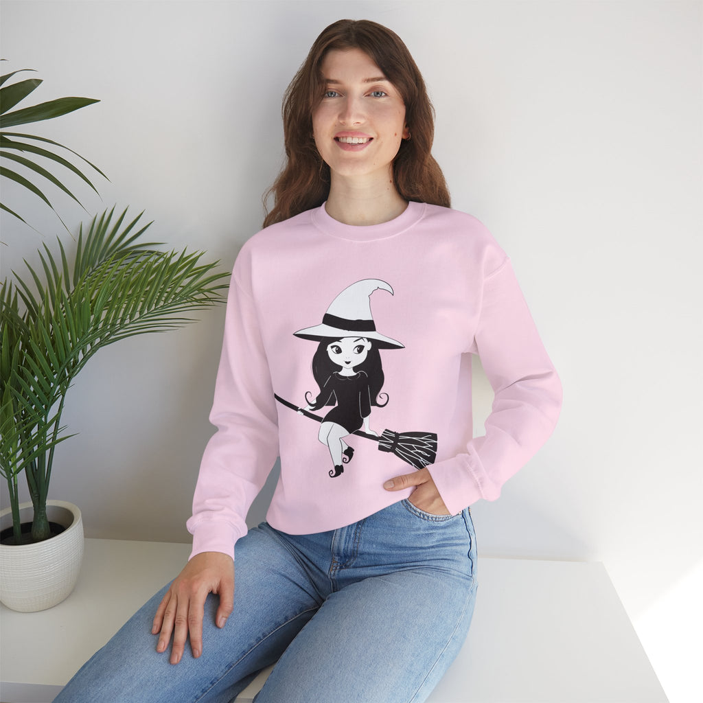 Witch on Broom Crewneck Sweatshirt — Cute Retro Halloween Witch Graphic