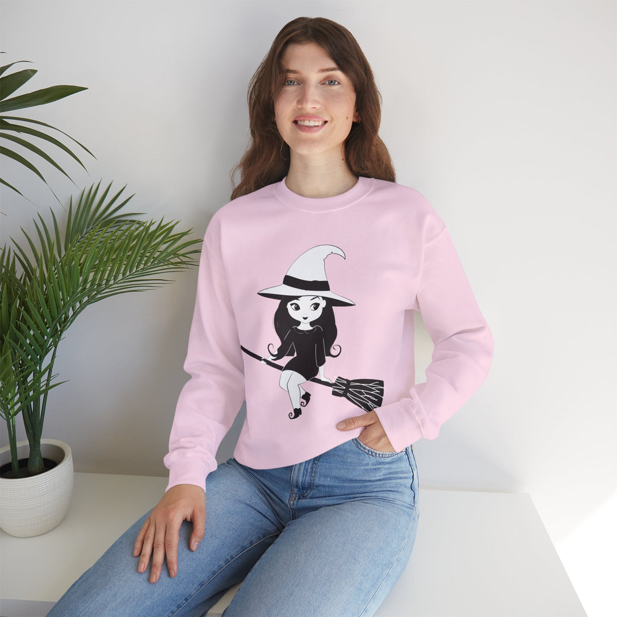 Witch on Broom Crewneck Sweatshirt — Cute Retro Halloween Witch Graphic