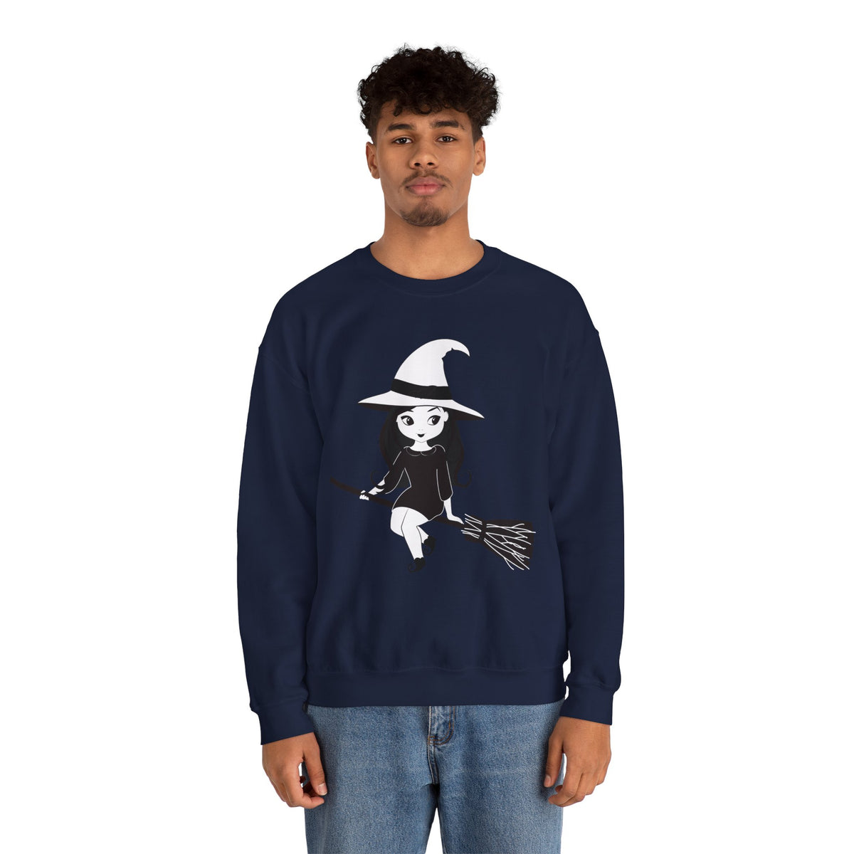 Witch on Broom Crewneck Sweatshirt — Cute Retro Halloween Witch Graphic