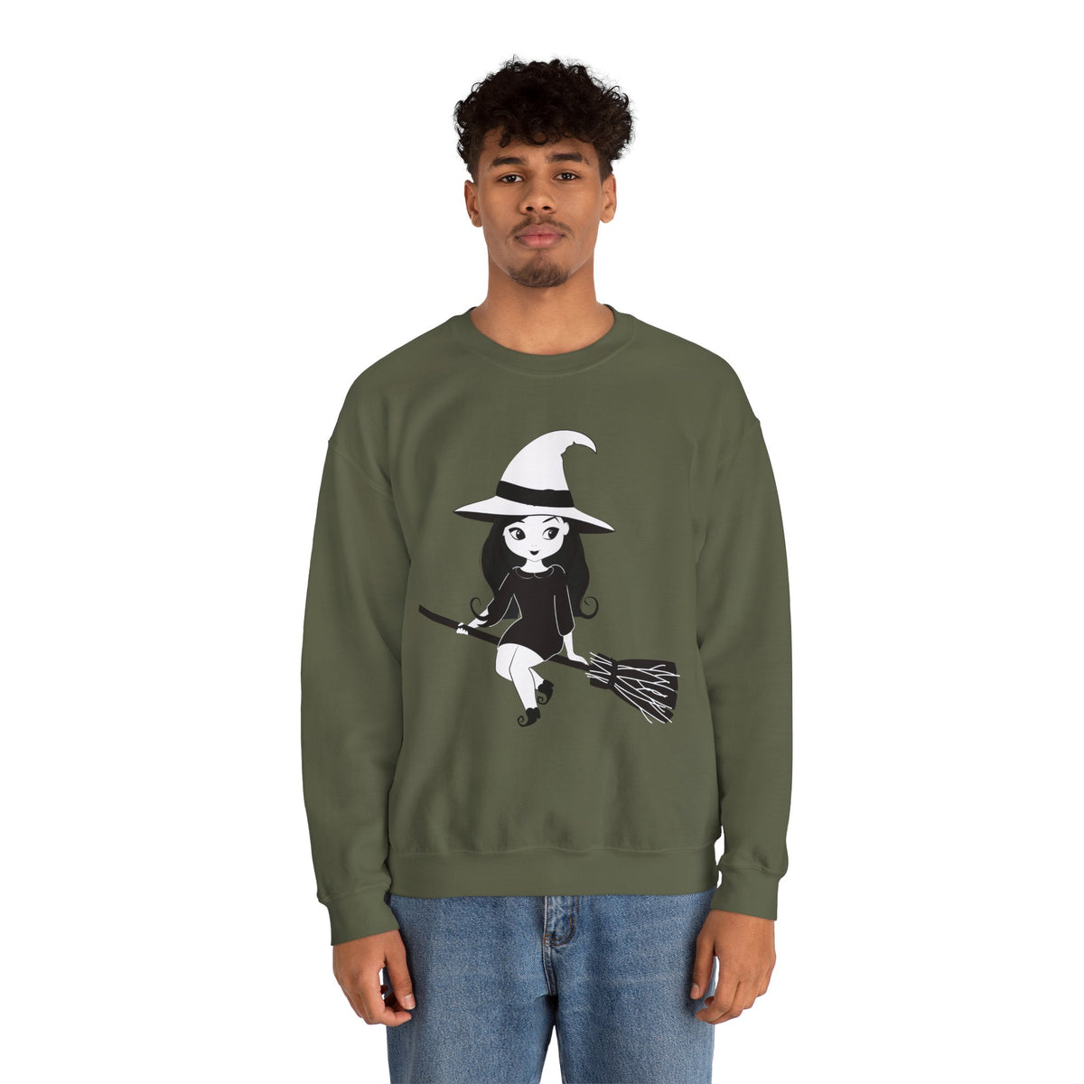 Witch on Broom Crewneck Sweatshirt — Cute Retro Halloween Witch Graphic