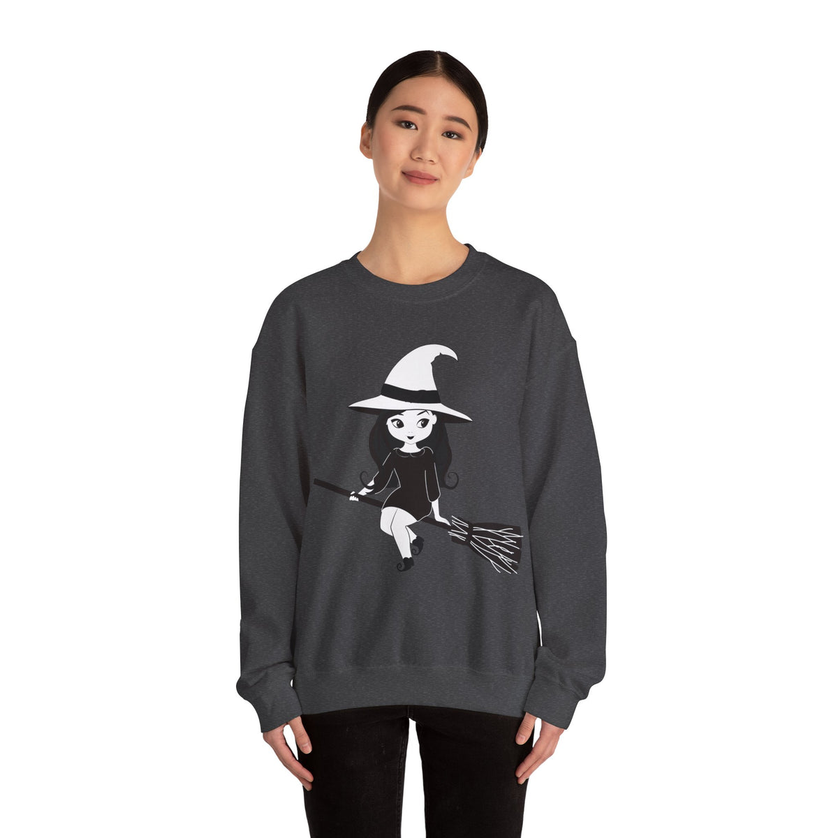 Witch on Broom Crewneck Sweatshirt — Cute Retro Halloween Witch Graphic