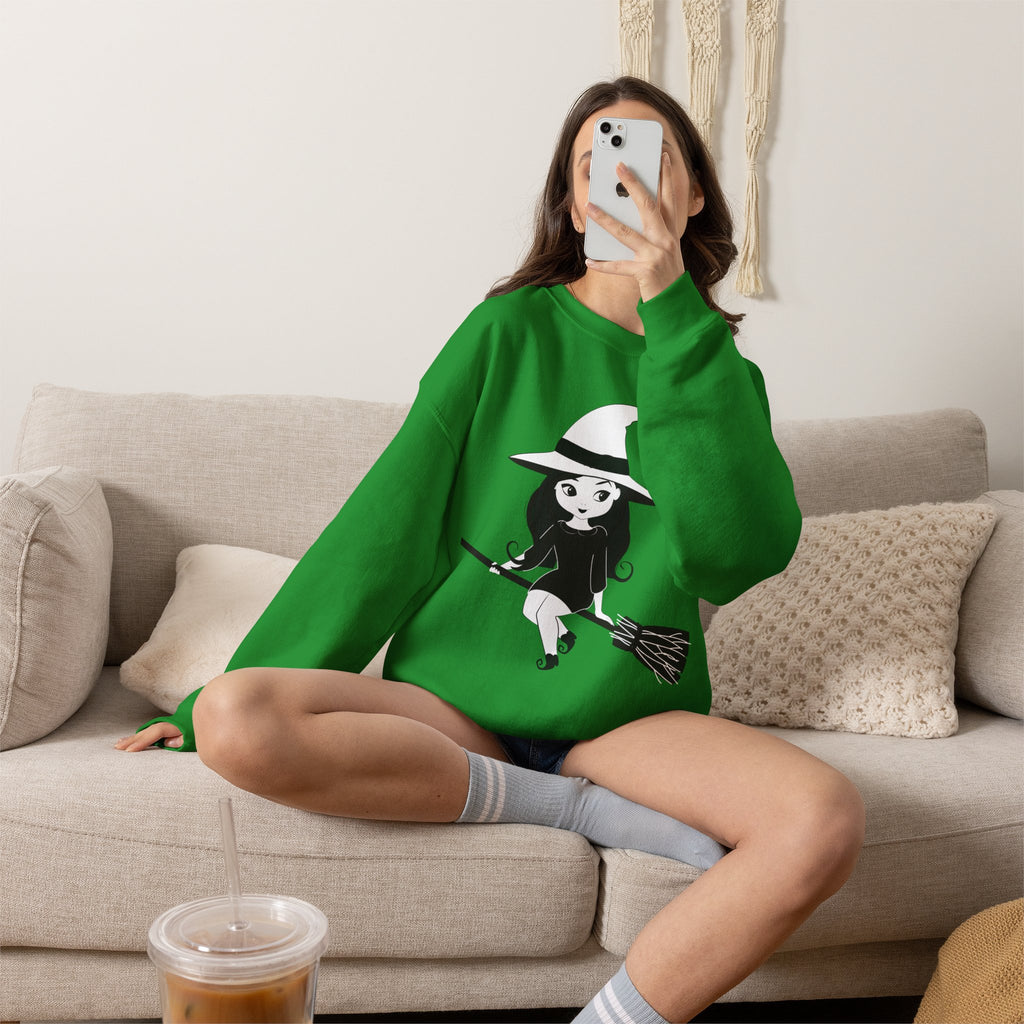 Witch on Broom Crewneck Sweatshirt — Cute Retro Halloween Witch Graphic