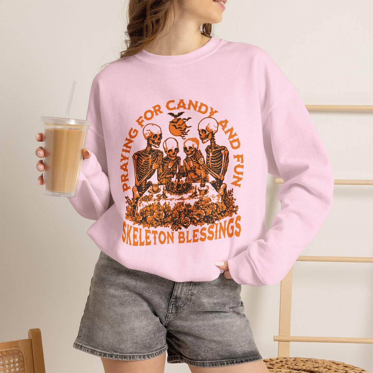 Skeleton Blessings Crewneck Sweatshirt — Praying for Candy and Fun Halloween Sweater