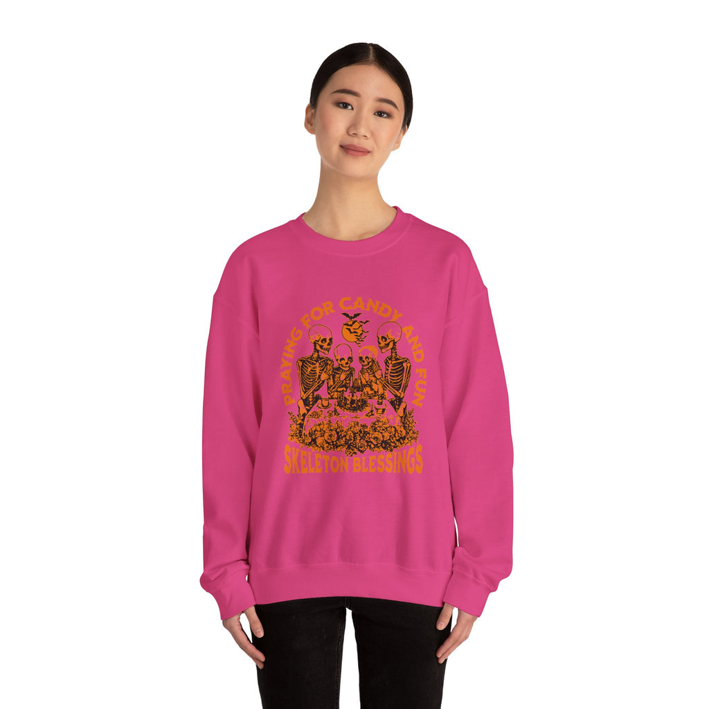 Skeleton Blessings Crewneck Sweatshirt — Praying for Candy and Fun Halloween Sweater