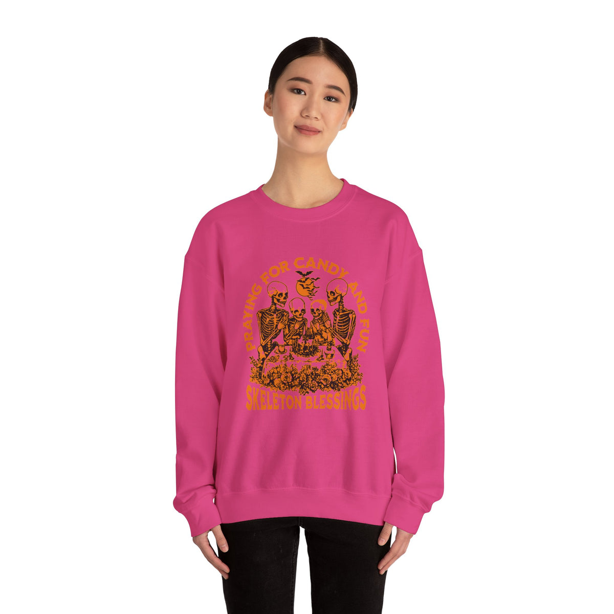 Skeleton Blessings Crewneck Sweatshirt — Praying for Candy and Fun Halloween Sweater